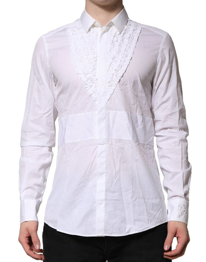 Dolce & Gabbana White Cotton Ruffled Detailing Formal Shirt