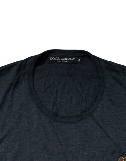 Dolce & Gabbana Dark Blue Silk Logo Patch Crew Neck T-shirt