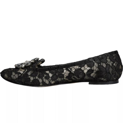 Dolce & Gabbana Black Lace Crystal Ballet Flats Loafer Shoes