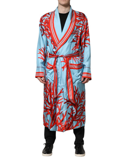 Dolce & Gabbana Blue Red Coral Print Wrap Robe Coat Jacket