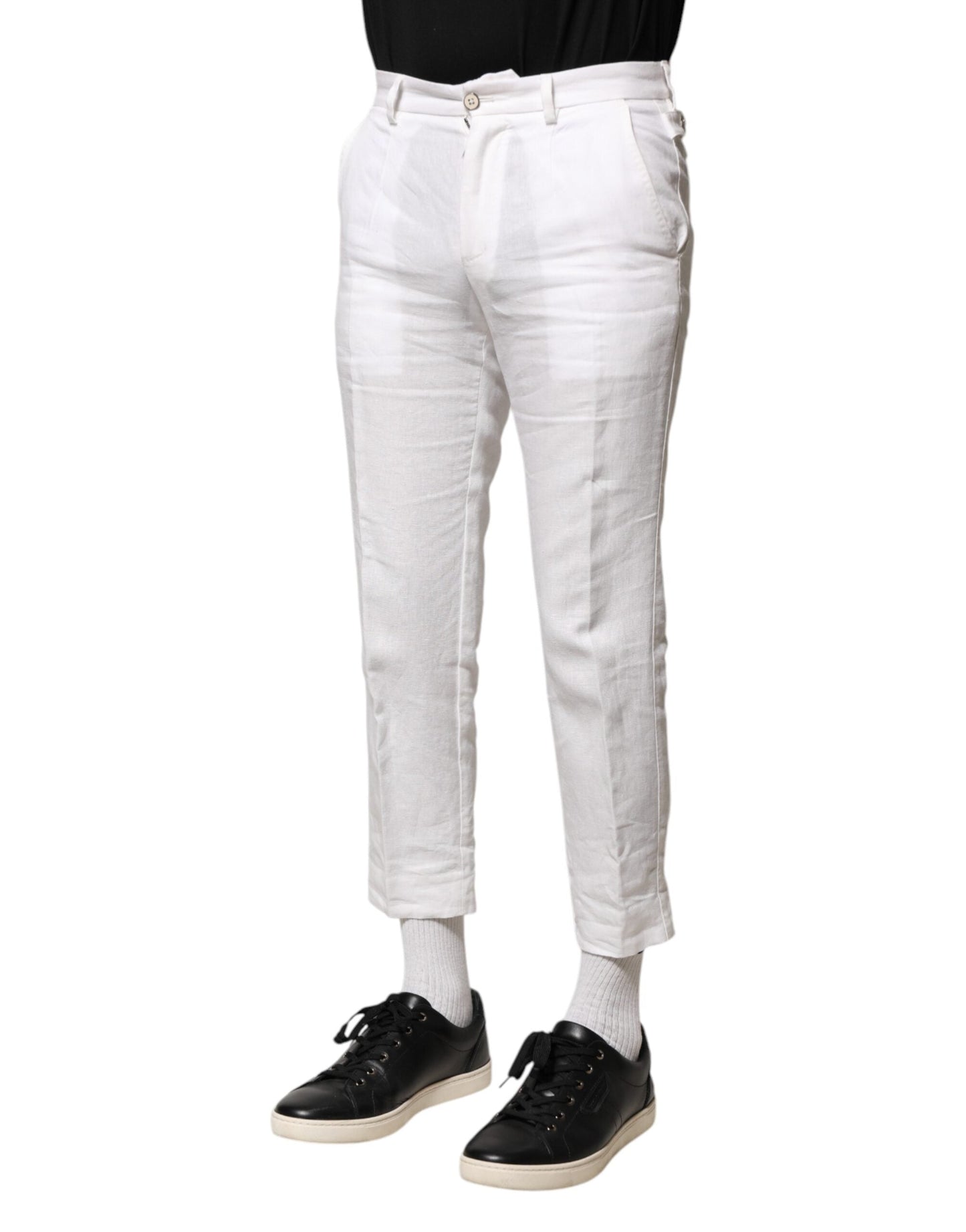 Dolce & Gabbana White Linen Mid Waist Cropped Pants