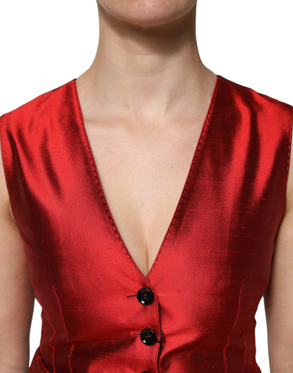 Dolce & Gabbana Red Black Button Down Sleeveless Vest Top