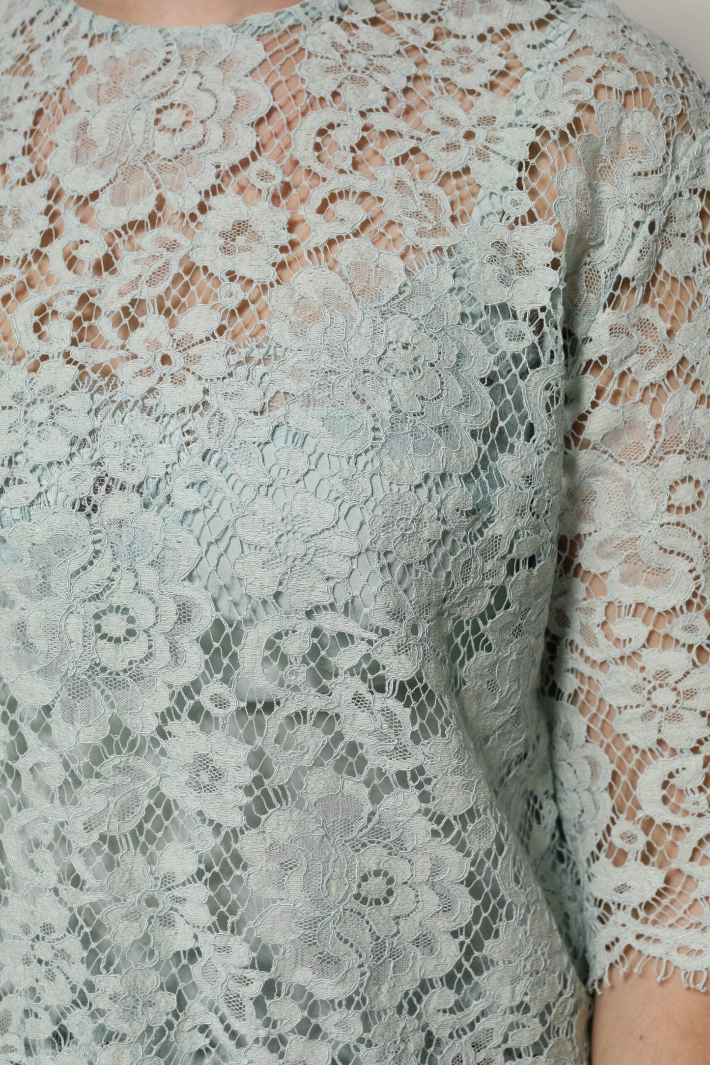 Dolce & Gabbana Mint Green Floral Lace Cotton Blouse Top