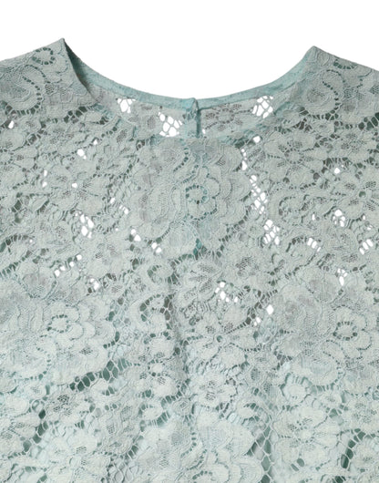 Dolce & Gabbana Mint Green Floral Lace Cotton Blouse Top
