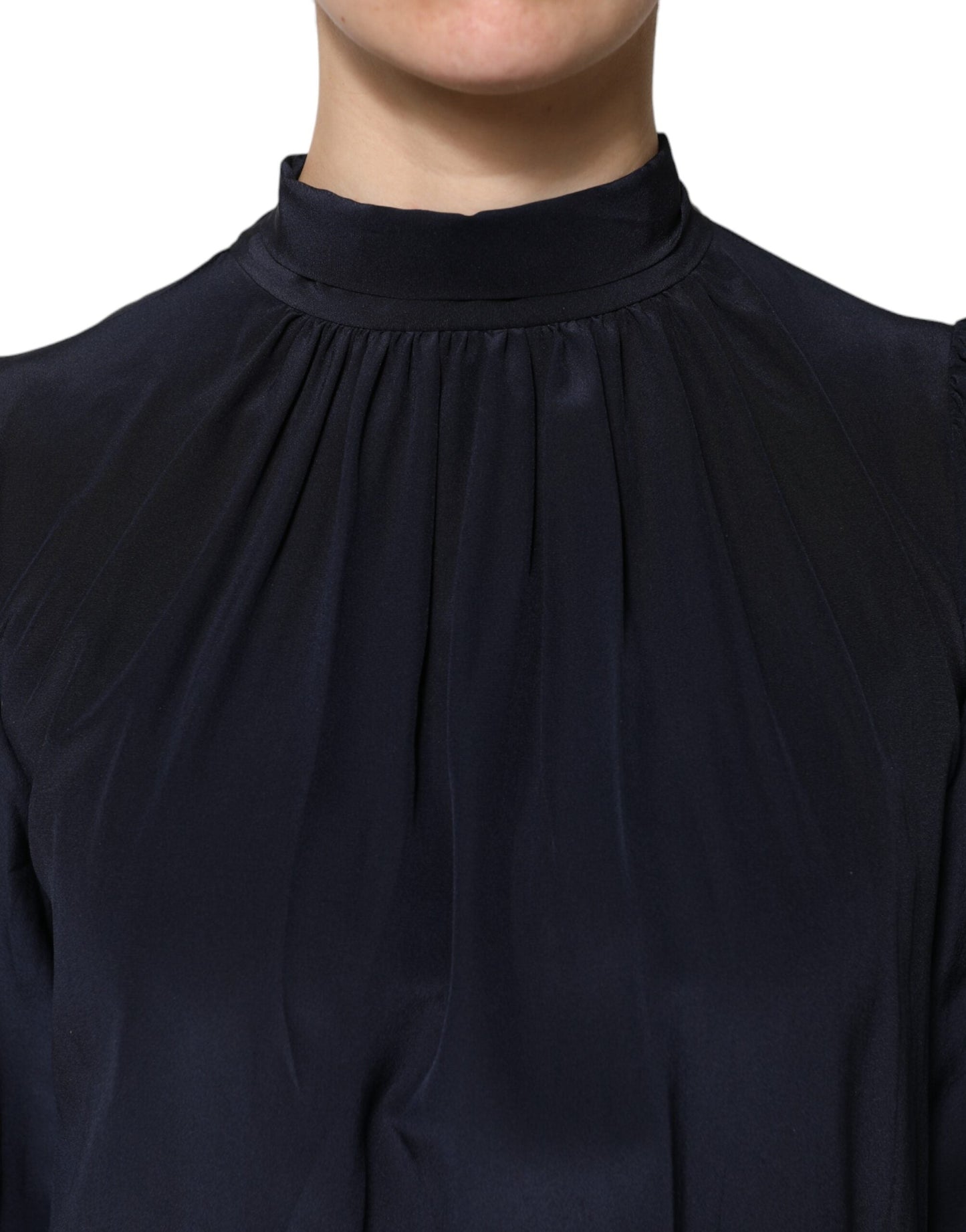 Dolce & Gabbana Blue Silk Mock Neck Long Sleeves Blouse Top