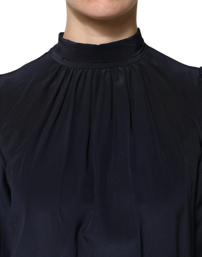 Dolce & Gabbana Blue Silk Mock Neck Long Sleeves Blouse Top