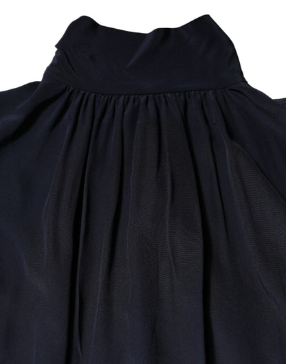 Dolce & Gabbana Blue Silk Mock Neck Long Sleeves Blouse Top