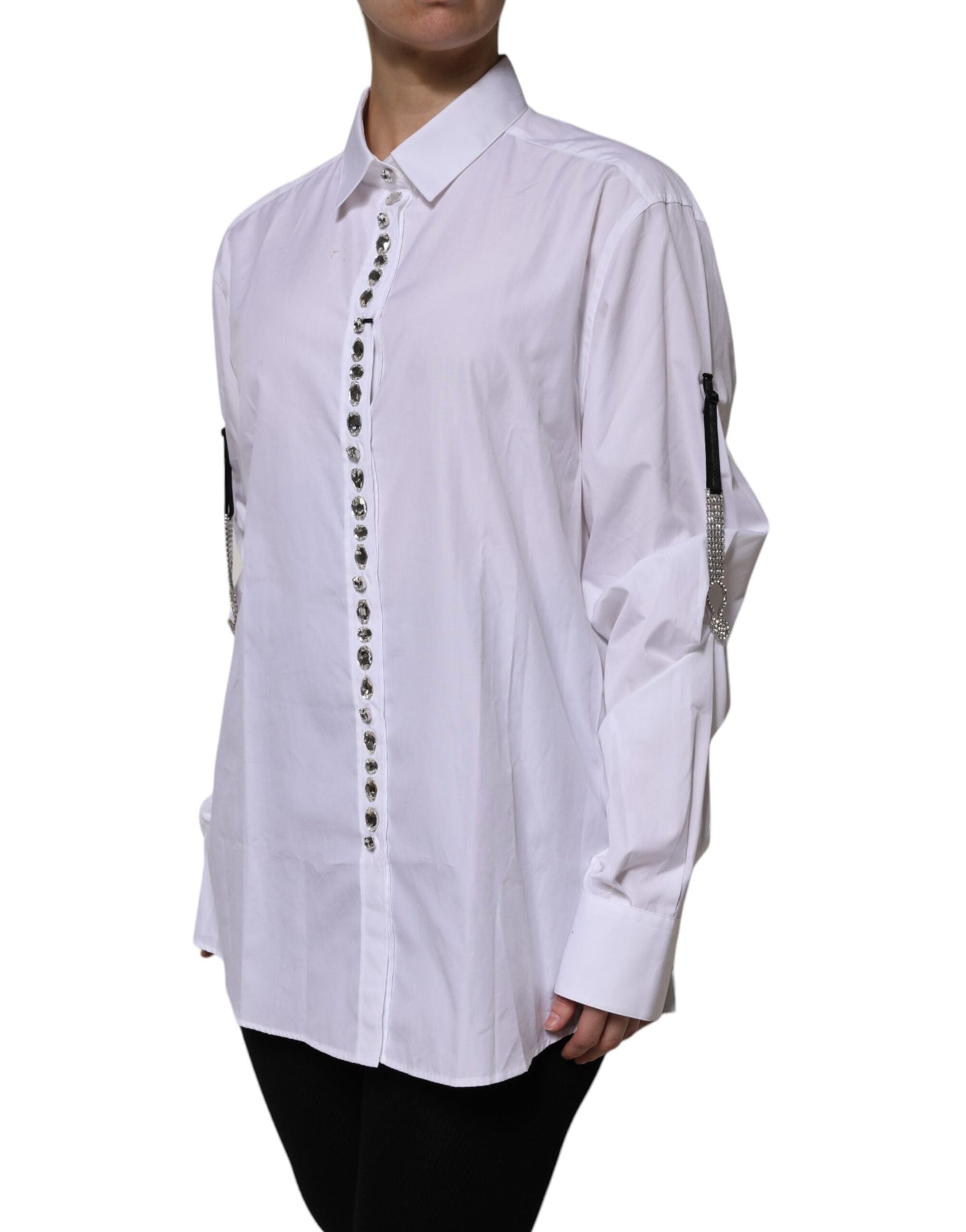 Dolce & Gabbana White Rhinestone Embellish Long Sleeves Top