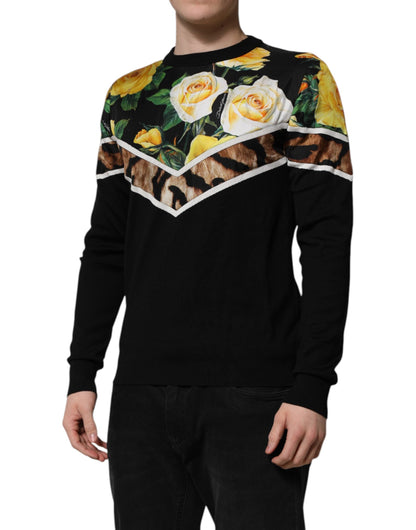 Dolce & Gabbana Black Silk Floral Crew Neck Pullover Sweater