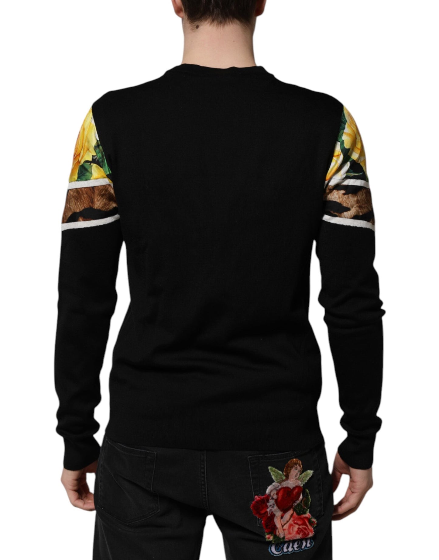 Dolce & Gabbana Black Silk Floral Crew Neck Pullover Sweater