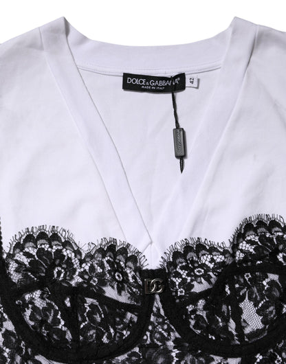 Dolce & Gabbana White Lace Cotton V-Neck Short Sleeves Top
