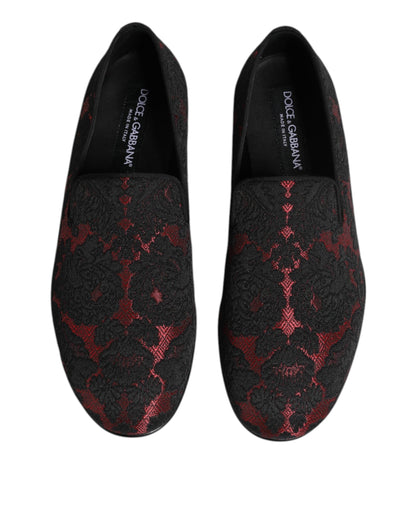 Dolce & Gabbana Red Black Jacquard Slip On Loafers Shoes