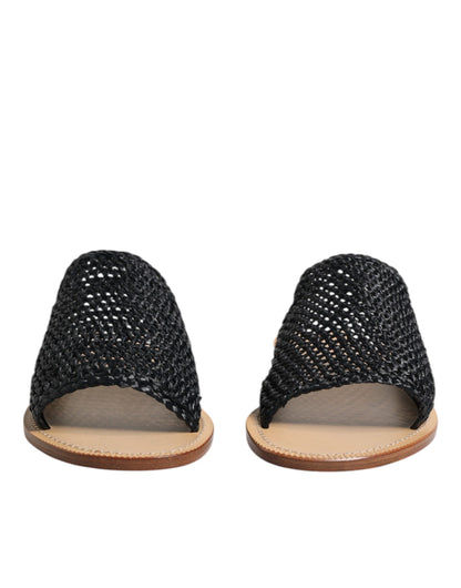 Dolce & Gabbana Black Monochrome Braided Raffia Slides Shoes