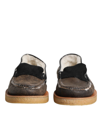 Dolce & Gabbana Brown White Calfskin Leather Loafers Shoes