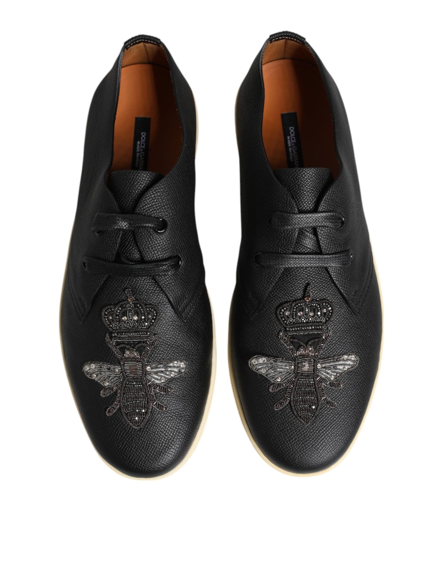 Dolce & Gabbana Black Leather Bee Crown Low Top Sneakers Shoes
