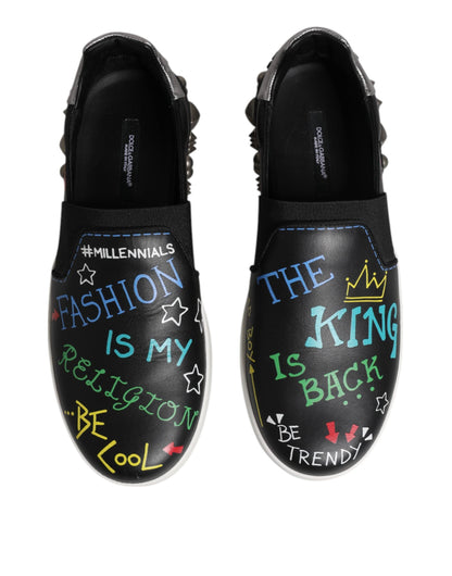 Dolce & Gabbana Black Leather Studded Graffiti Sneakers Shoes