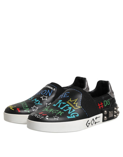 Dolce & Gabbana Black Leather Studded Graffiti Sneakers Shoes