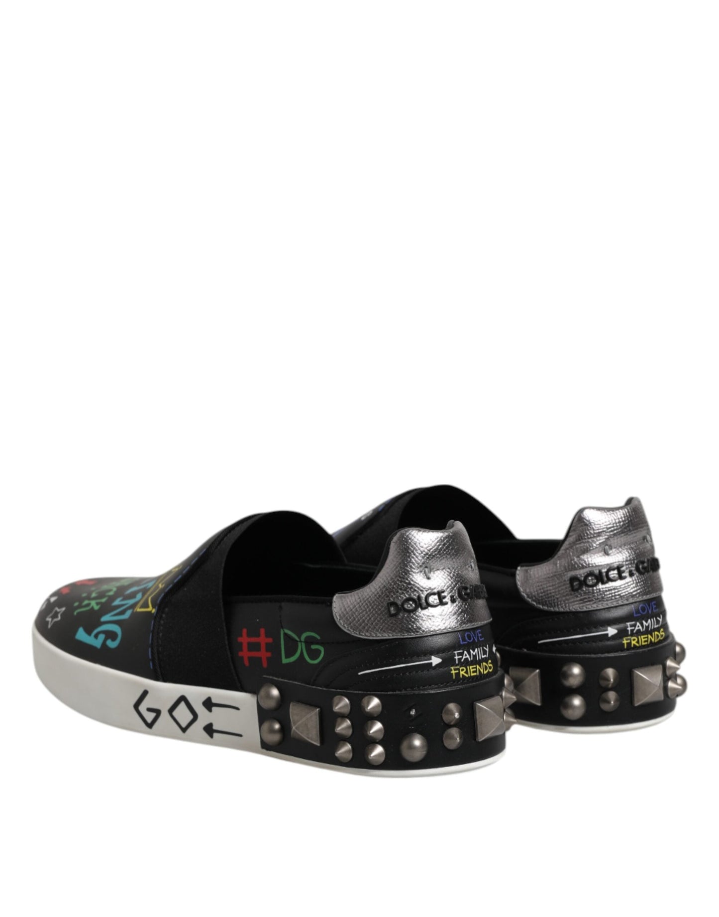 Dolce & Gabbana Black Leather Studded Graffiti Sneakers Shoes