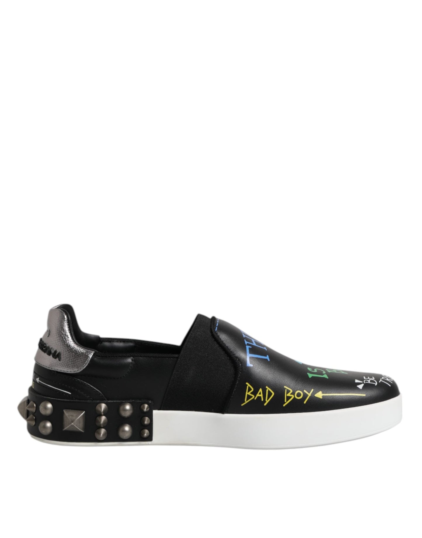 Dolce & Gabbana Black Leather Studded Graffiti Sneakers Shoes