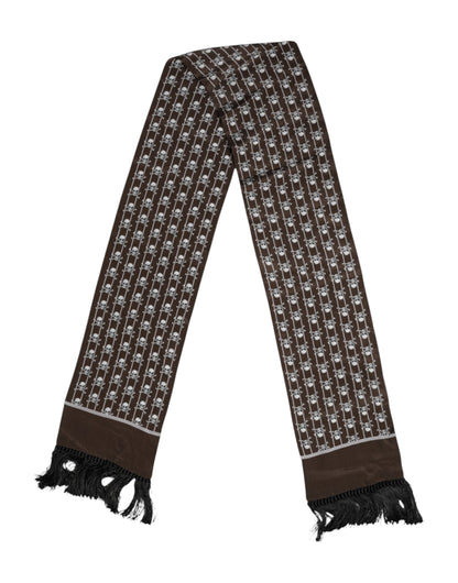 Dolce & Gabbana Brown Skulls Print Fringes Men Foulard Scarf