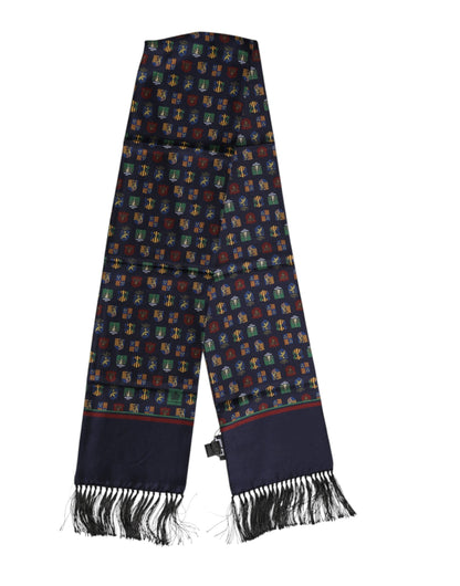 Dolce & Gabbana Blue Silk Printed Fringes Foulard Scarf
