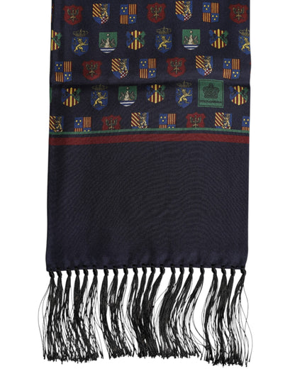 Dolce & Gabbana Blue Silk Printed Fringes Foulard Scarf