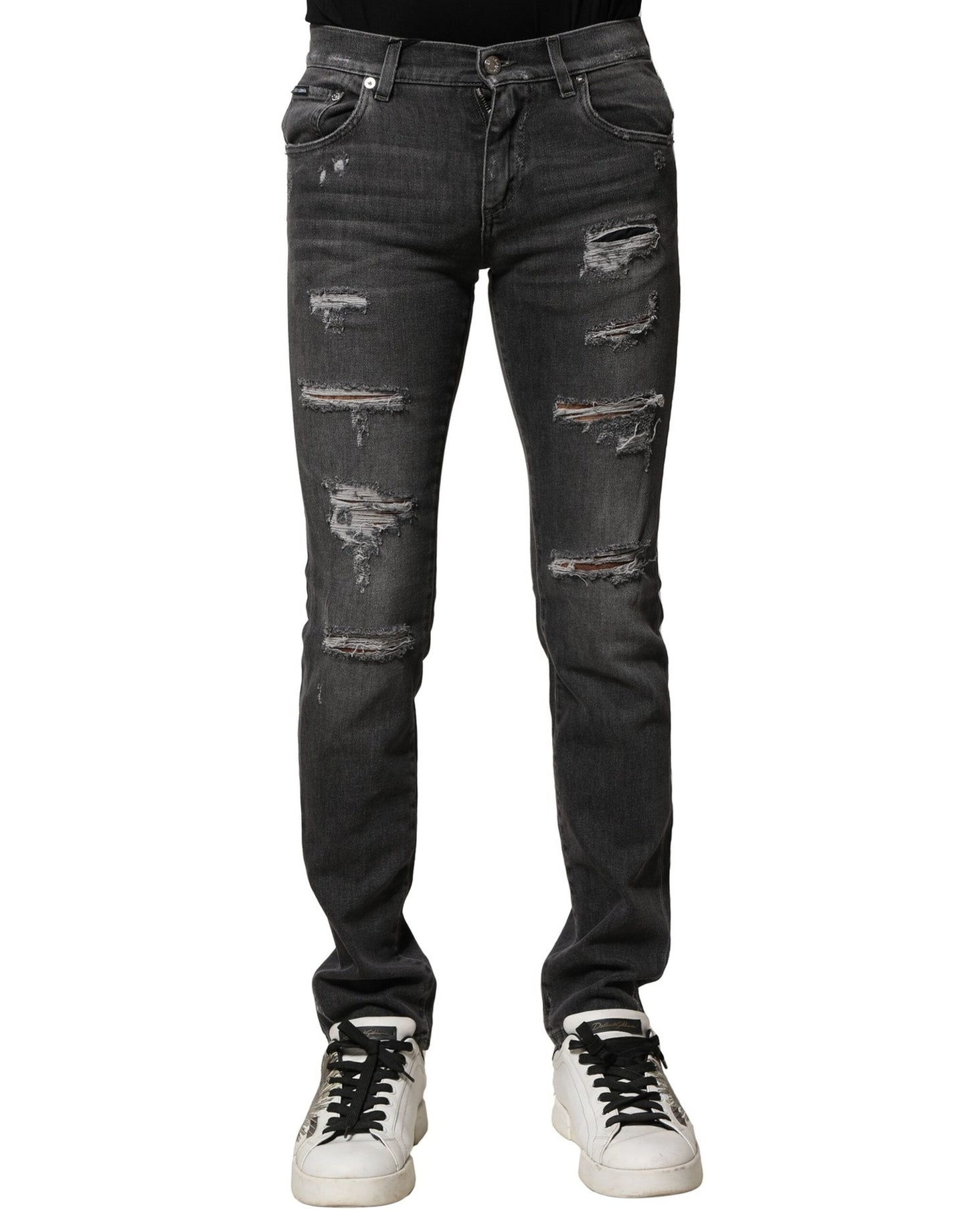 Dolce & Gabbana Black Washed Tattered Slim Fit Denim Jeans