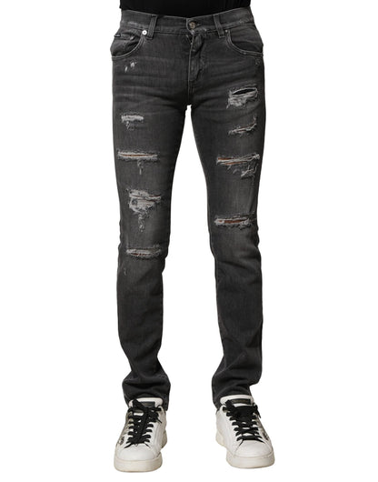 Dolce & Gabbana Black Washed Tattered Slim Fit Denim Jeans