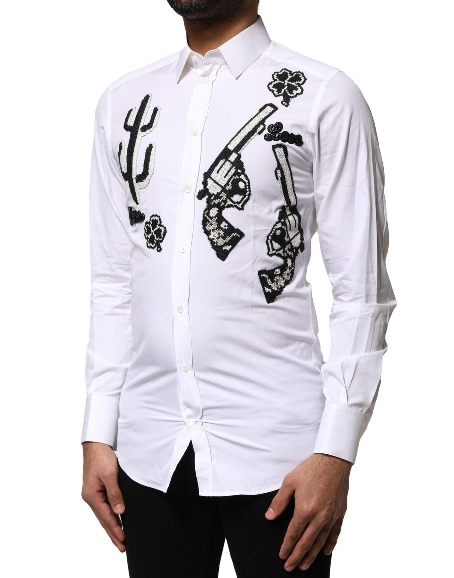 Dolce & Gabbana White GOLD Embroidery Detailed Dress Shirt