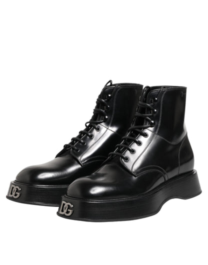 Dolce & Gabbana Black Leather Logo Ankle Boots Lace Up Shoes