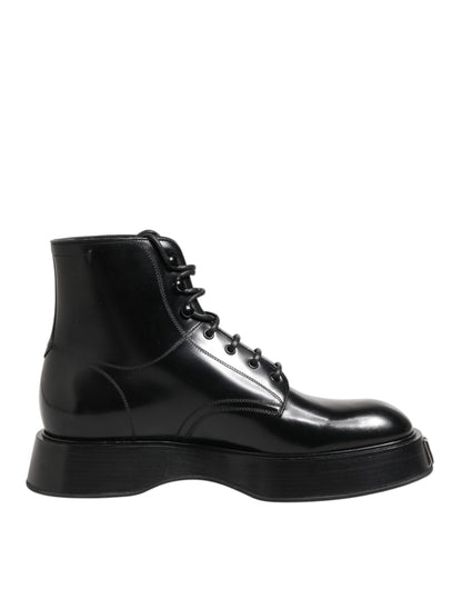 Dolce & Gabbana Black Leather Logo Ankle Boots Lace Up Shoes