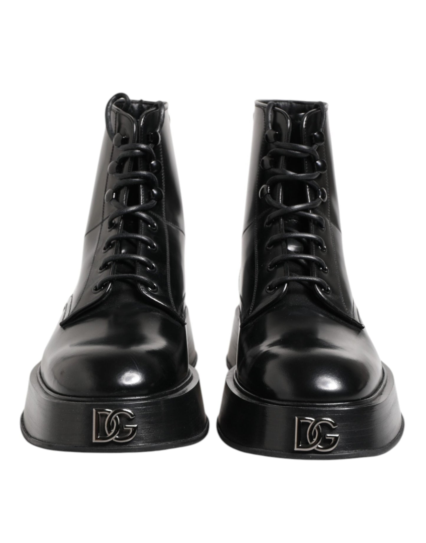 Dolce & Gabbana Black Leather Logo Ankle Boots Lace Up Shoes