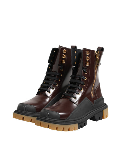 Dolce & Gabbana Brown Black Leather Boots Zipper Lace Up Shoes