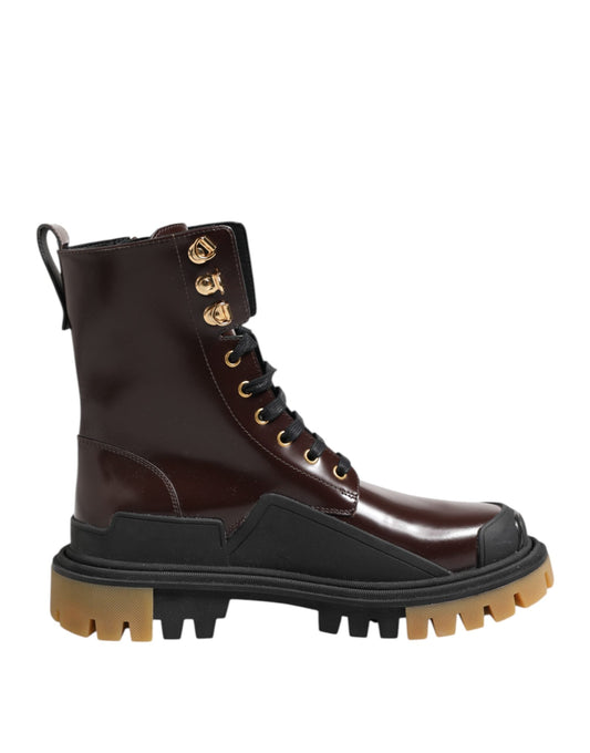 Dolce & Gabbana Brown Black Leather Boots Zipper Lace Up Shoes