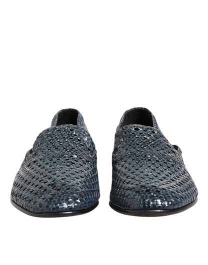 Dolce & Gabbana Blue Woven Leather Slip On Loafers Shoes
