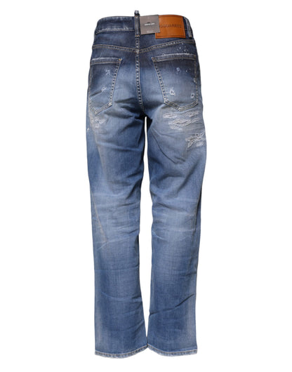 Dsquared² Blue Tattered Cotton Mid Waist Straight Denim Jeans