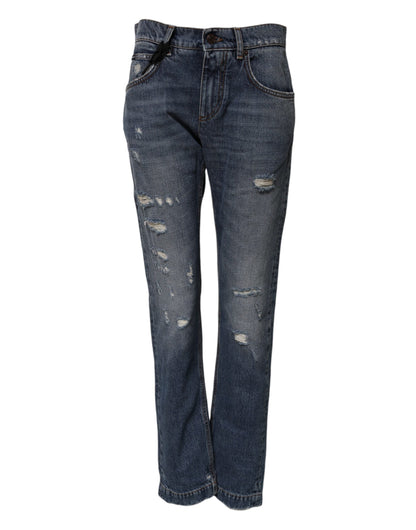 Dolce & Gabbana Blue Cotton Tattered Boyfriend Denim Jeans