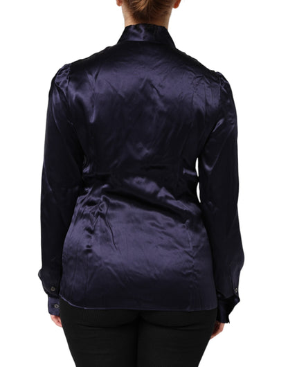 Dolce & Gabbana Dark Purple Silk Ascot Collared Blouse Top