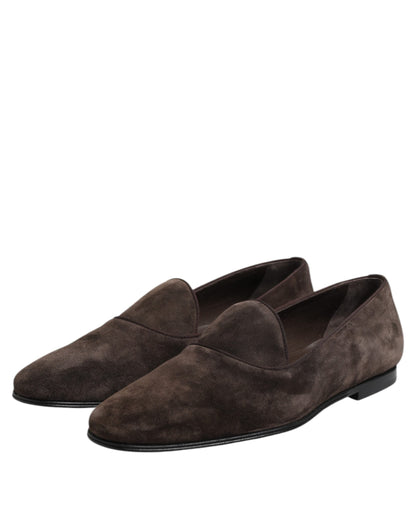 Dolce & Gabbana Brown Velvet Leather Slip On Loafers Shoes