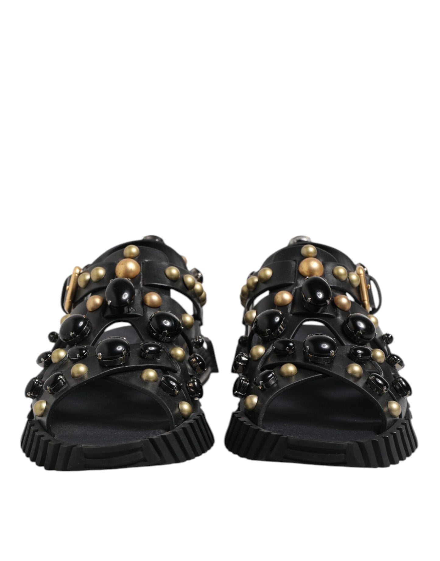 Dolce & Gabbana Black Leather Studded Ankle Strap Sandals Shoes
