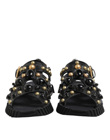 Dolce & Gabbana Black Leather Studded Ankle Strap Sandals Shoes