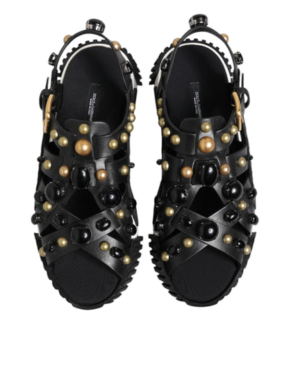 Dolce & Gabbana Black Leather Studded Ankle Strap Sandals Shoes