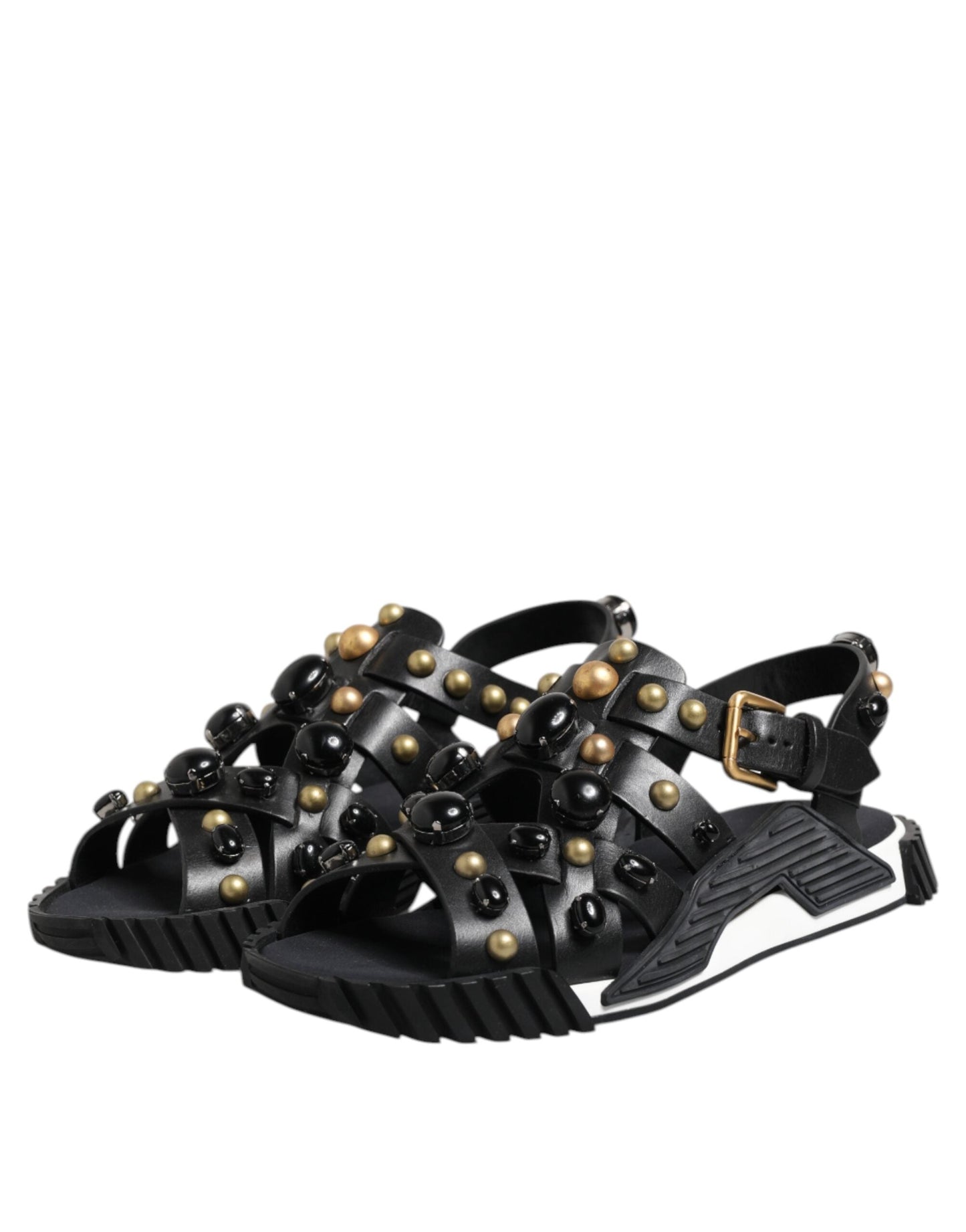 Dolce & Gabbana Black Leather Studded Ankle Strap Sandals Shoes