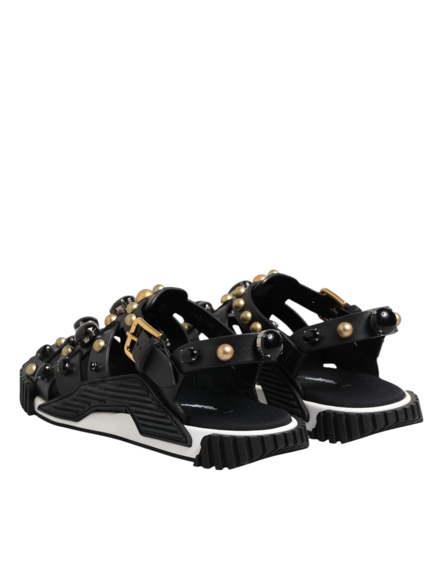 Dolce & Gabbana Black Leather Studded Ankle Strap Sandals Shoes