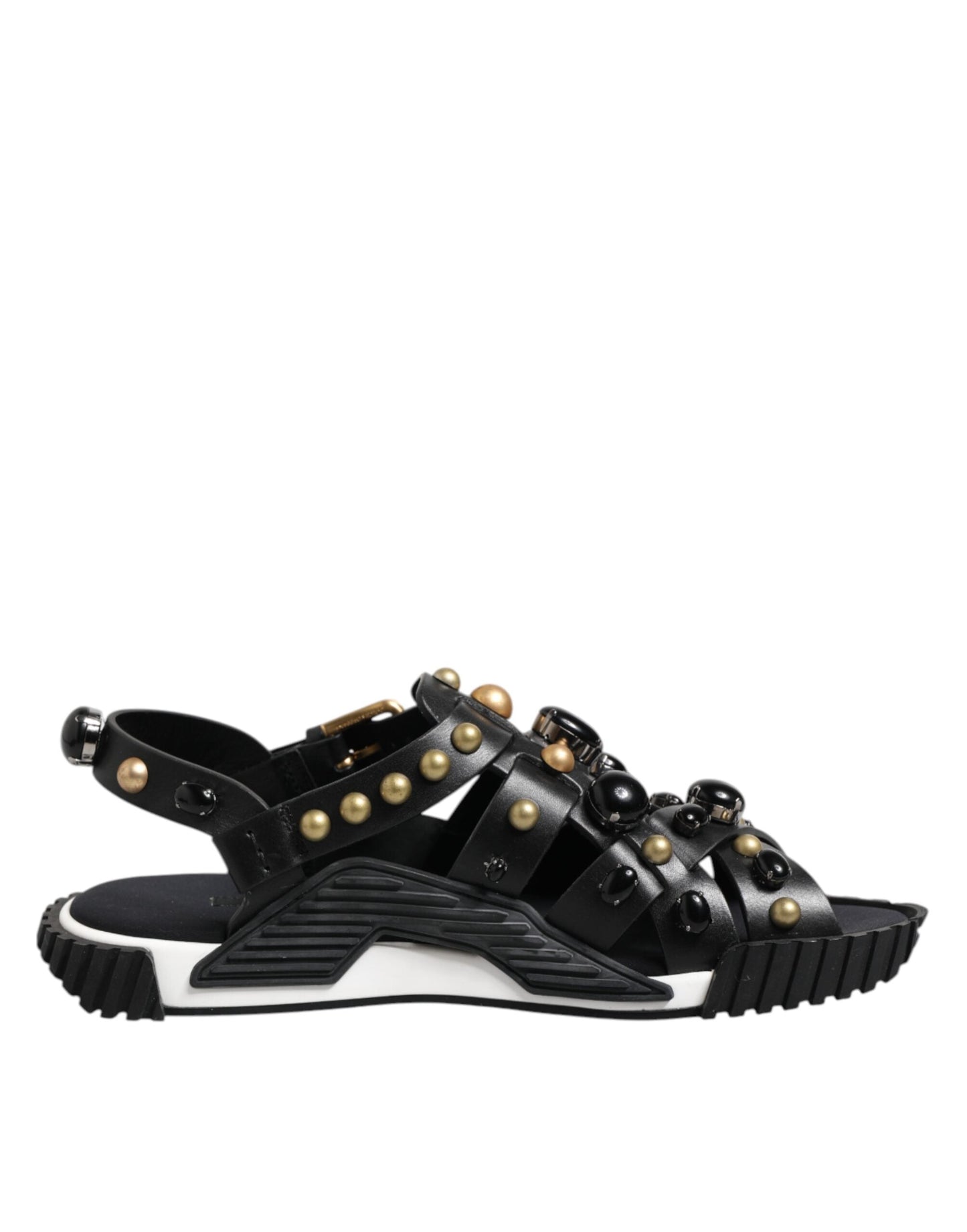 Dolce & Gabbana Black Leather Studded Ankle Strap Sandals Shoes