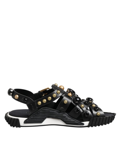 Dolce & Gabbana Black Leather Studded Ankle Strap Sandals Shoes
