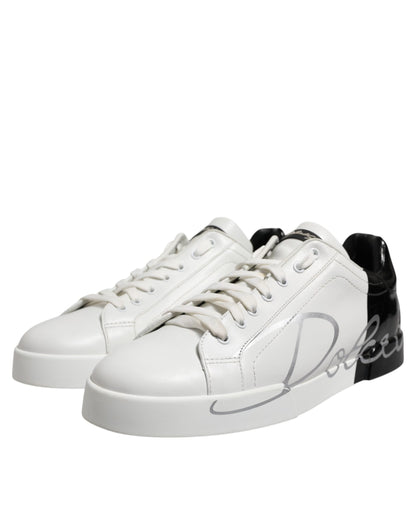 Dolce & Gabbana White Black Logo Low Top Leather Sneakers Shoes