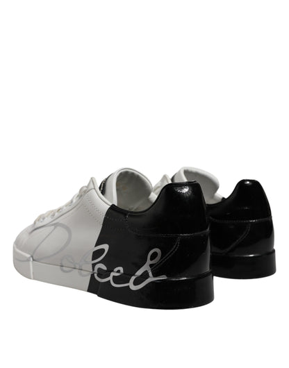 Dolce & Gabbana White Black Logo Low Top Leather Sneakers Shoes