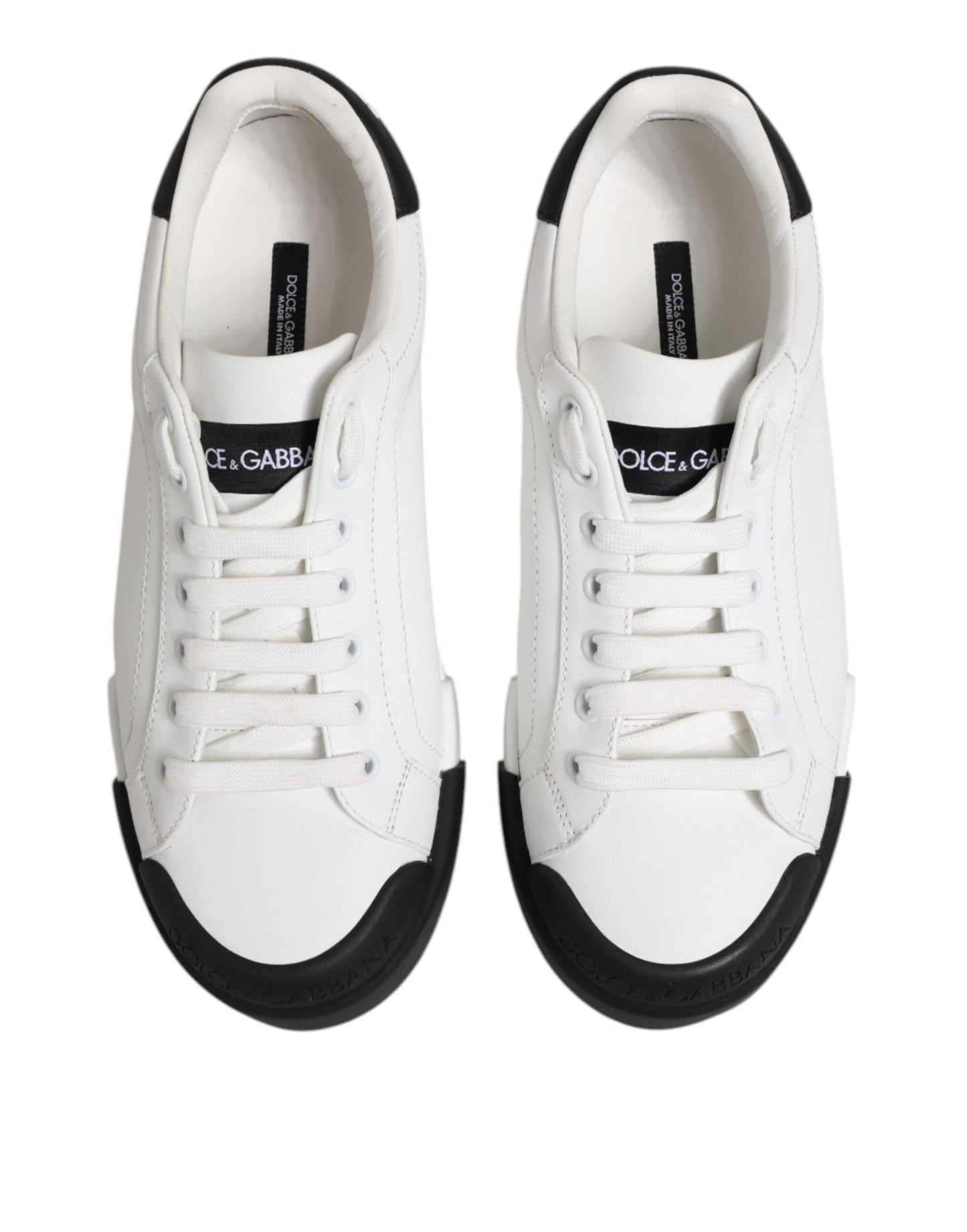 Dolce & Gabbana White Black Logo Leather Lace Up Sneakers Shoes