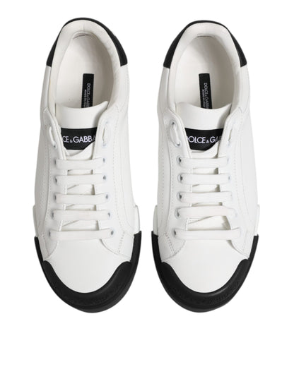 Dolce & Gabbana White Black Logo Leather Lace Up Sneakers Shoes